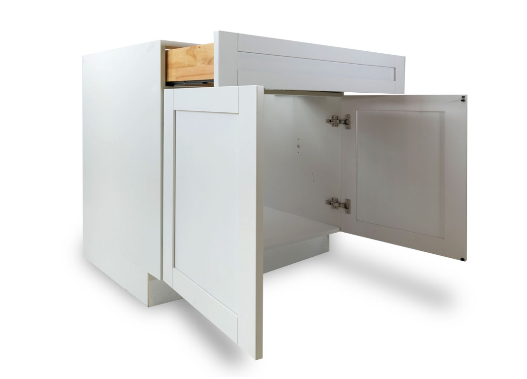 Illustrative factory-order plate of a white shaker base cabinet