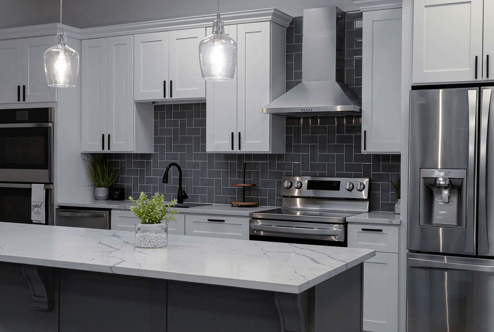 Shaker kitchen resolving from a line drawing into a finished room — illustrative, not a named install